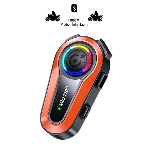Mioji Mio 120 2X RGB 1000 mAh IPX6 1500M 2 Kişilik Kask Intercom Motosiklet Bluetooth Kulaklık - Turuncu
