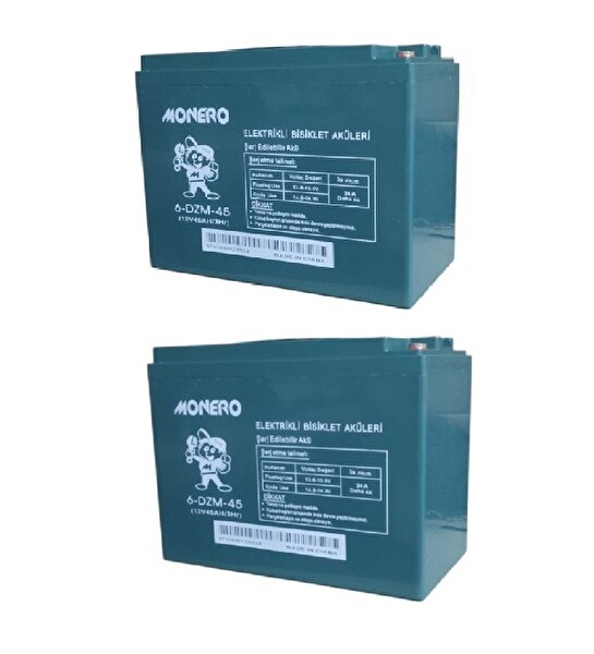 Monero 12V-45 Amper (80 Amper Ebatlarında) 2'li Paket Dar E-Bike Akü Ebatlar: 223x121x174 MM - Üretim Yılı: 2024