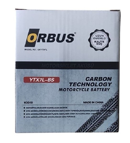 Orbus 12V 7 Ah Yüksek Akü YTX7L 113x70x132 MM Motosiklet Aküsü - Üretim Yılı: 2024