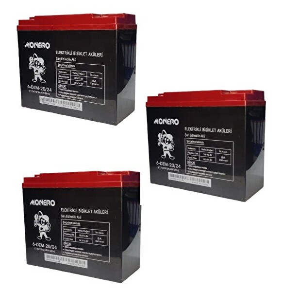 Monero 12V-20/24 Amper Dik E-Bike Akü 3'lü Paket Ebatları: 180x78x170 MM - Üretim Yılı: 2024