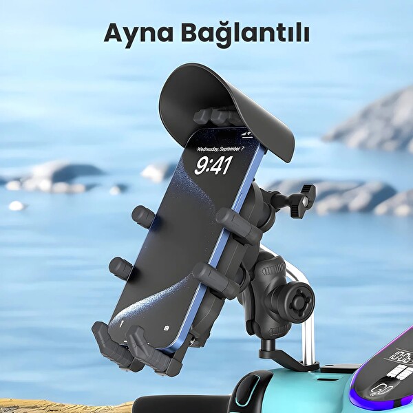 Bix BMPH05 Ayna Bağlantılı Güneş ve Yağmur Korumalı 360° Ayarlanabilir Motosiklet Telefon Tutucu