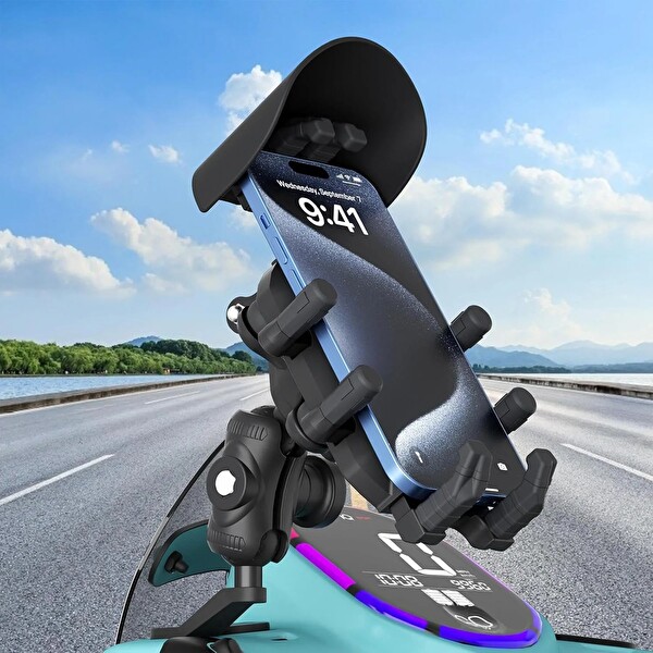 Bix BMPH05 Ayna Bağlantılı Güneş ve Yağmur Korumalı 360° Ayarlanabilir Motosiklet Telefon Tutucu
