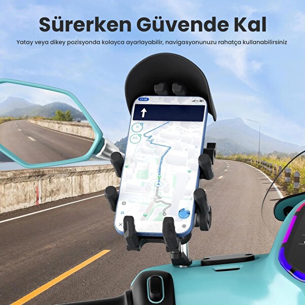 Bix BMPH05 Ayna Bağlantılı Güneş ve Yağmur Korumalı 360° Ayarlanabilir Motosiklet Telefon Tutucu