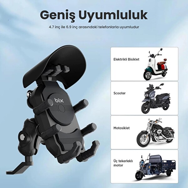 Bix BMPH05 Ayna Bağlantılı Güneş ve Yağmur Korumalı 360° Ayarlanabilir Motosiklet Telefon Tutucu
