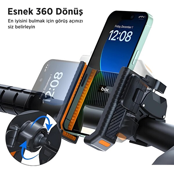 Bix BPH01 Gidon Bağlantılı 360° Dönebilen Titreşim Önleyici Bisiklet ve Motosiklet Telefon Tutucu