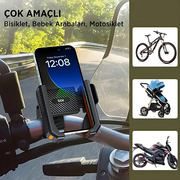 Bix BPH01 Gidon Bağlantılı 360° Dönebilen Titreşim Önleyici Bisiklet ve Motosiklet Telefon Tutucu