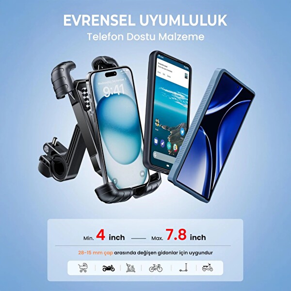Bix BPH02 Gidon Bağlantılı 360° Ayarlanabilir Bisiklet ve Motosiklet Telefon Tutucu Titreşim Önleyici Güçlü Tutuşlu