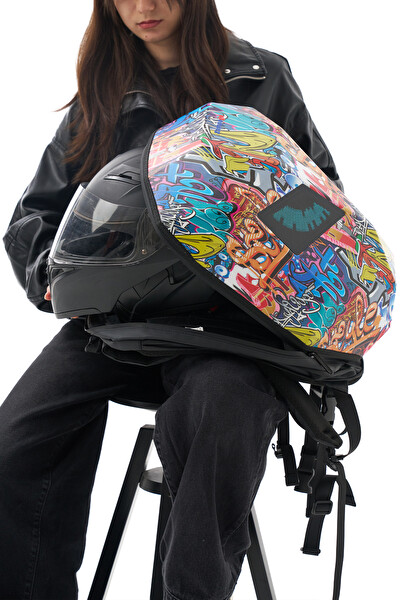 Zampago Sert Kasa USB Şarj Girişli LED Göz Maskeli Grafiti Motosiklet Sırt Çantası