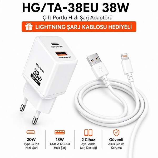 ScHitec 38W 2 Çıkışlı Hızlı Şarj Başlığı ve 67W 1M UsbA to Lightning ve Şarj Kablosu