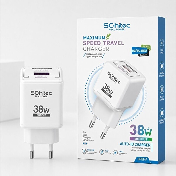 ScHitec 38W 2 Çıkışlı Hızlı Şarj Başlığı ve 67W 1M UsbA to Lightning ve Şarj Kablosu