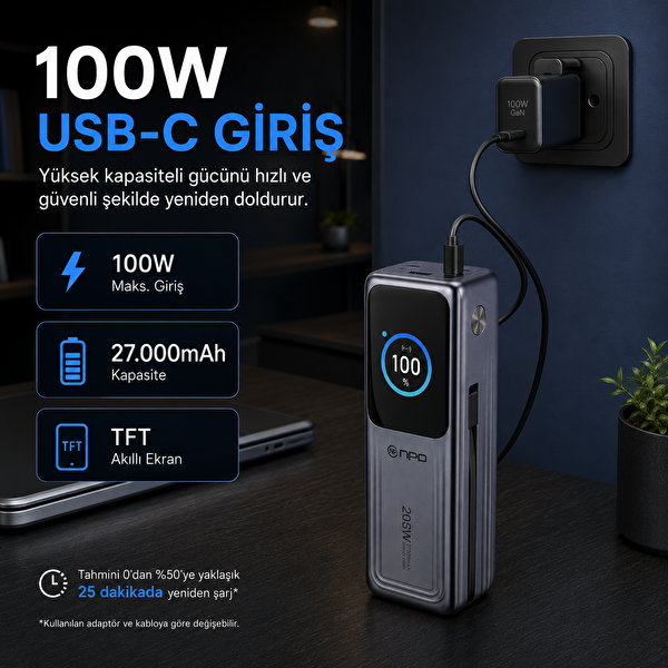 NPO WP001A-G 205W 27.000 mAh 2 USB-C Portlu Dahili USB-C Kablolu LED Ekranlı PD GaN3 Powerbank
