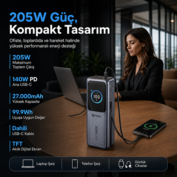 NPO WP001A-G 205W 27.000 mAh 2 USB-C Portlu Dahili USB-C Kablolu LED Ekranlı PD GaN3 Powerbank