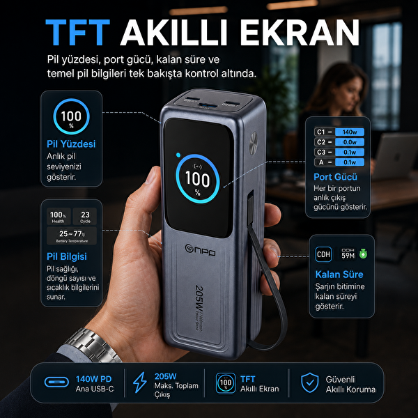 NPO WP001A-G 205W 27.000 mAh 2 USB-C Portlu Dahili USB-C Kablolu LED Ekranlı PD GaN3 Powerbank