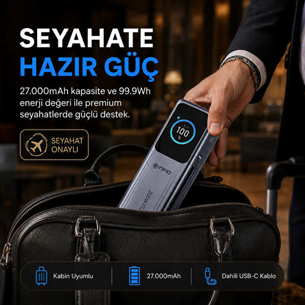 NPO WP001A-G 205W 27.000 mAh 2 USB-C Portlu Dahili USB-C Kablolu LED Ekranlı PD GaN3 Powerbank