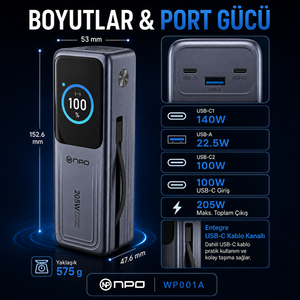 NPO WP001A-G 205W 27.000 mAh 2 USB-C Portlu Dahili USB-C Kablolu LED Ekranlı PD GaN3 Powerbank