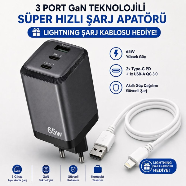 ScHitec 65W GaN 3 Çıkışlı Hızlı Şarj Başlığı ve 67W UsbA to Lightning ve Hızlı Şarj Kablosu
