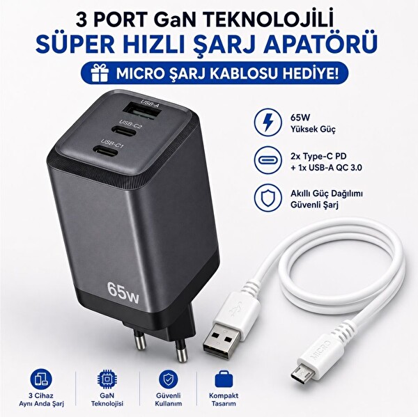 ScHitec 65W GaN 3 Çıkışlı Hızlı Şarj Başlığı ve 67W UsbA to Micro Data ve 1 M Beyaz Hızlı Şarj Kablosu