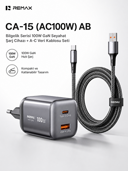 Remax CA-15 Wisdom 100W GaN Çift Portlu Hızlı Şarj Adaptörü Type-C Kablo Seti Laptop - Telefon Uyumlu Gri