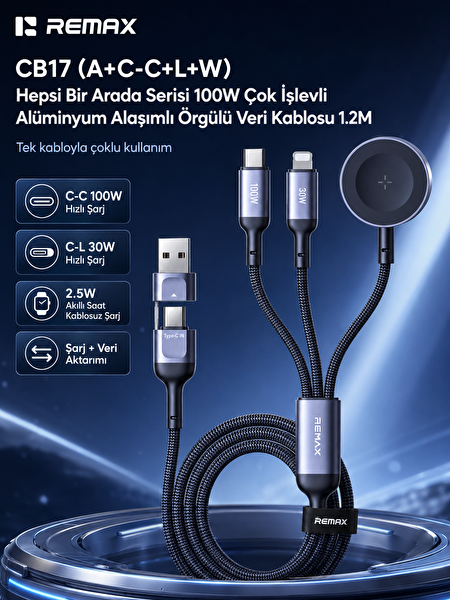 Remax CB17 100 W Çok Fonksiyonlu Dönüştürücülü Örgü Şarj Kablosu 1.2 M