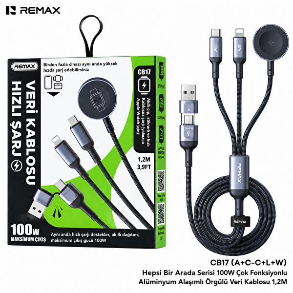 Remax CB17 100 W Çok Fonksiyonlu Dönüştürücülü Örgü Şarj Kablosu 1.2 M
