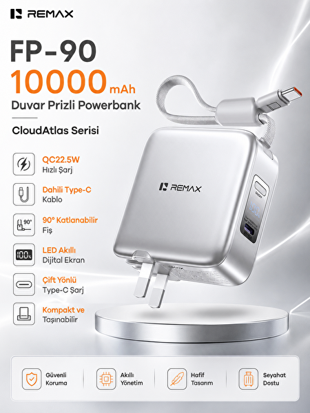 Remax CloudAtlas FP-90 10000 mAh 22.5 W Adaptör Katlanır Fişli Type-C Kablolu Powerbank Gümüş