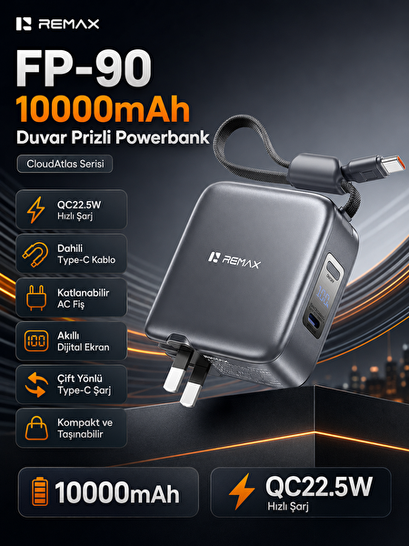 Remax CloudAtlas FP-90 10000 mAh 22.5 W Type-C Kablolu Adaptör Katlanır Fişli Powerbank Mat Gri