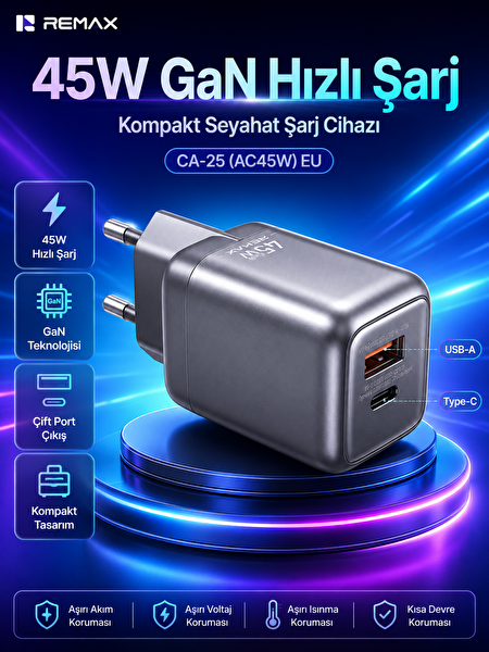 Remax WindSpeed CA-25 45 W GaN Hızlı Şarj Adaptörü ve Type-C to Type-C Veri Kablosu Seti