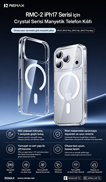 Remax Crystal Series Apple iPhone 17 Pro MagSafe Uyumlu Kristal Şeffaf Kılıf Darbe Emici Bayer Silikon RMC-2