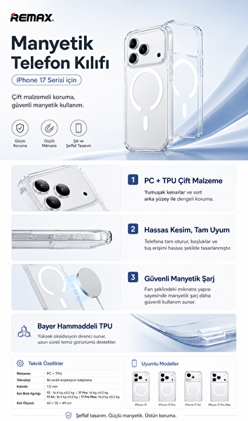 Remax Crystal Series Apple iPhone 17 Pro MagSafe Uyumlu Kristal Şeffaf Kılıf Darbe Emici Bayer Silikon RMC-2
