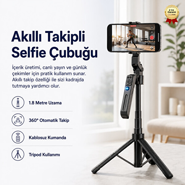 Hzl Store C12 Akıllı Takipli Selfie Çubuğu 1.8 Metre 360 Derece Döner Kumandalı Telefon Tripodu