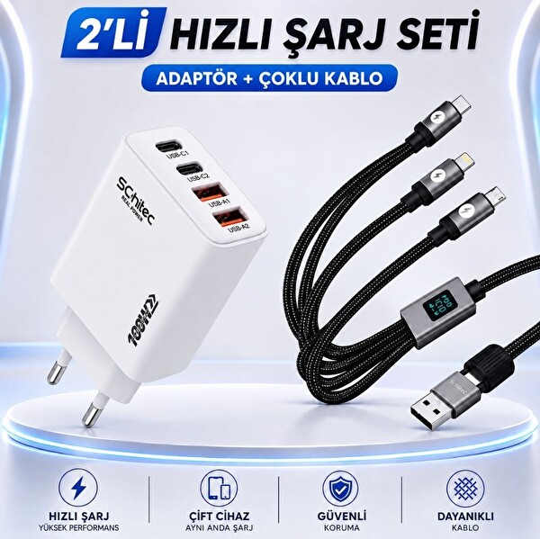 ScHitec 100W 4 Çıkışlı Hızlı Şarj Başlığı ve 5' 1 Arada 100W Göstergeli Type-C ve UsbA Girişli Micro Type-C Lightning Çıkışlı