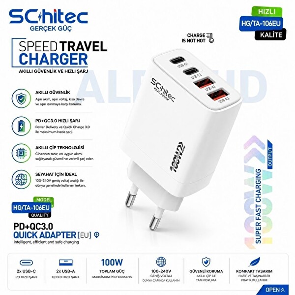 ScHitec 100W 4 Çıkışlı Hızlı Şarj Başlığı ve 5' 1 Arada 100W Göstergeli Type-C ve UsbA Girişli Micro Type-C Lightning Çıkışlı