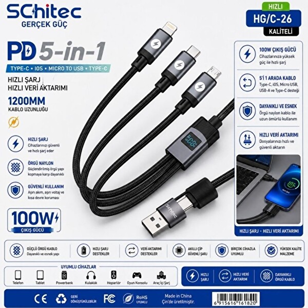 ScHitec 100W 4 Çıkışlı Hızlı Şarj Başlığı ve 5' 1 Arada 100W Göstergeli Type-C ve UsbA Girişli Micro Type-C Lightning Çıkışlı