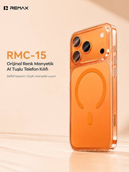 Remax Original Color Apple iPhone 17 Pro Max MagSafe Uyumlu AI Tuşlu Şeffaf Kılıf Darbe Emici Bayer Silikon RMC-15 Turuncu