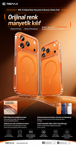 Remax Original Color Apple iPhone 17 Pro Max MagSafe Uyumlu AI Tuşlu Şeffaf Kılıf Darbe Emici Bayer Silikon RMC-15 Turuncu