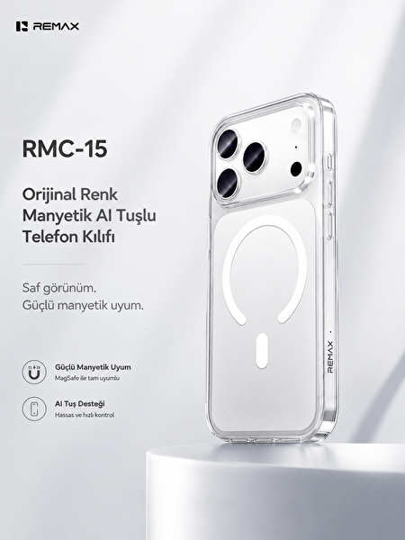 Remax Original Color Apple iPhone 17 Pro MagSafe Uyumlu AI Tuşlu Şeffaf Kılıf Darbe Emici Bayer Silikon RMC-15 Beyaz