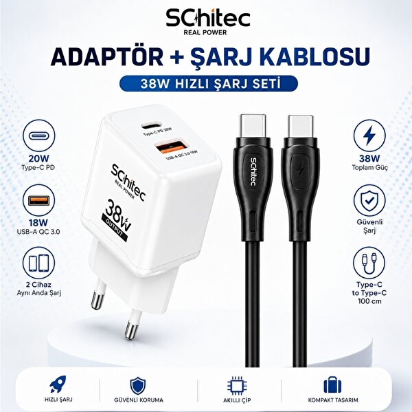 ScHitec 38W 2 Çıkışlı Hızlı Şarj Başlığı ve 60W Type-C to Type-C Hızlı Şarj ve Data Kablosu Siyah