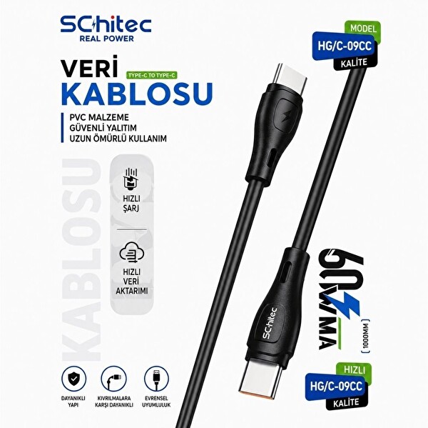 ScHitec 38W 2 Çıkışlı Hızlı Şarj Başlığı ve 60W Type-C to Type-C Hızlı Şarj ve Data Kablosu Siyah
