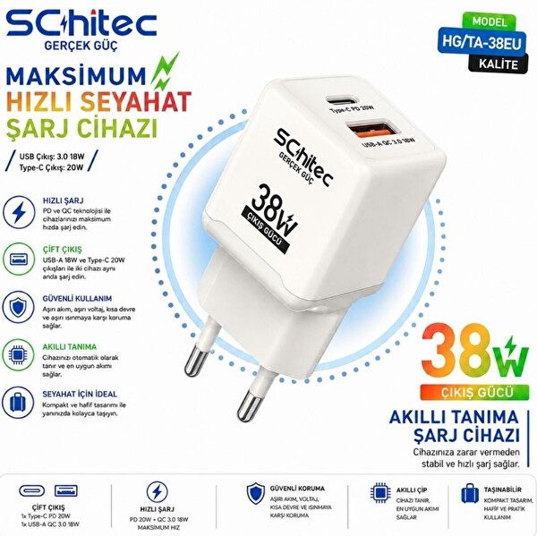 ScHitec 38W 2 Çıkışlı Hızlı Şarj Başlığı ve 60W Type-C to Type-C Hızlı Şarj ve Data Kablosu Siyah