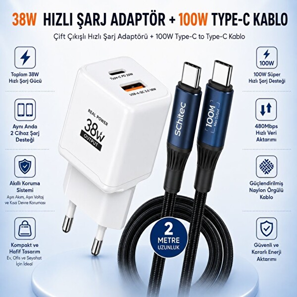 ScHitec 38W 2 Çıkışlu Hızlı Şarj Başlığı ve 100W Type-C to Type-C Süper Hızlı Şarj Kablosu 2 Metre