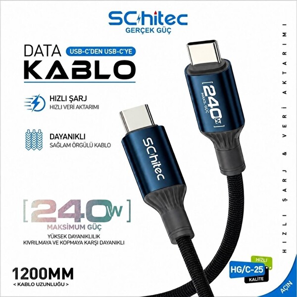 ScHitec 38W 2 Çıkışlu Hızlı Şarj Başlığı ve 240W Type-C to Type-C Süper Hızlı Şarj Kablosu