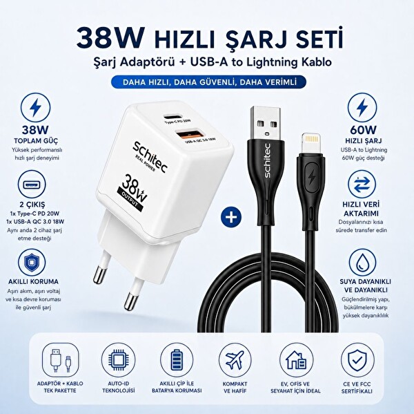 ScHitec 38W 2 Çıkışlı Hızlı Şarj Başlığı ve USB-A to Lightning 30W Hızlı Data ve Şarj Kablosu
