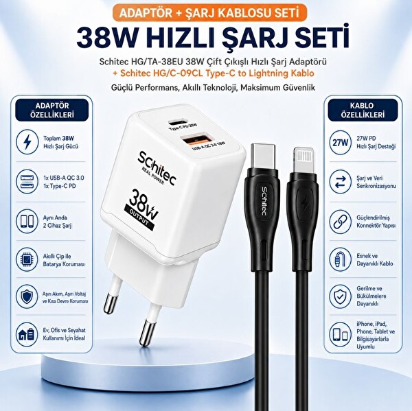 ScHitec 38W 2 Çıkışlı Süper Hızlı Şarj Başlığı ve 60W Type-C to Lightning Hızlı Şarj ve Data Kablosu Siyah