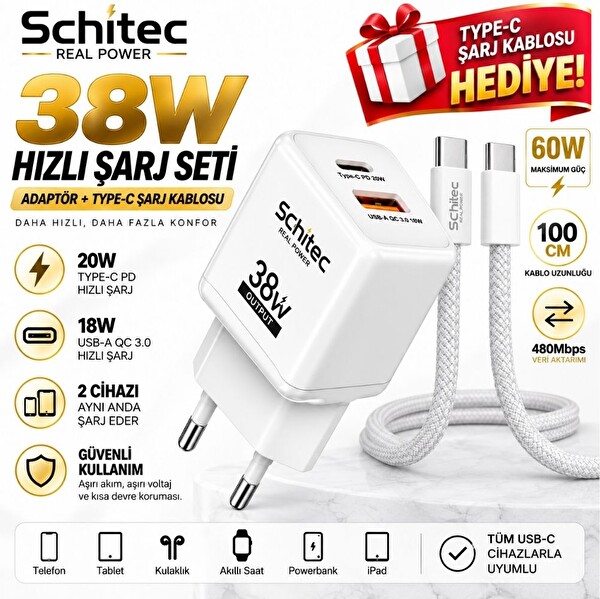 ScHitec 38W Çift Çıkışlı Hızlı Şarj Adaptörü ve 60W Type-C to Type-C Örgülü Hızlı Şarj Kablosu