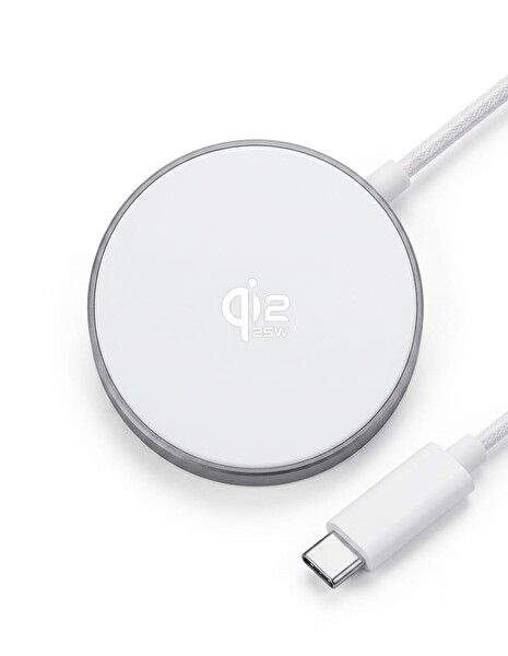 Başkenttekno 25W Qi2 Manyetik Hızlı Kablosuz Şarj Pedi - iPhone M-Safe - Android Uyumlu Örgü Kablolu Şarj Aleti Beyaz