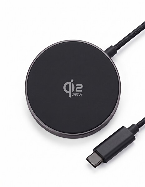 Başkenttekno 25W Qi2 Manyetik Hızlı Kablosuz Şarj Pedi - iPhone M-Safe ve Android Uyumlu Örgü Kablolu Şarj Aleti Siyah