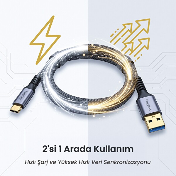VegGieg 100W USB-A to Type-C Kablo USB 3.2 Gen 2 10Gbps Data ve Hızlı Şarj Kablosu - 50 CM