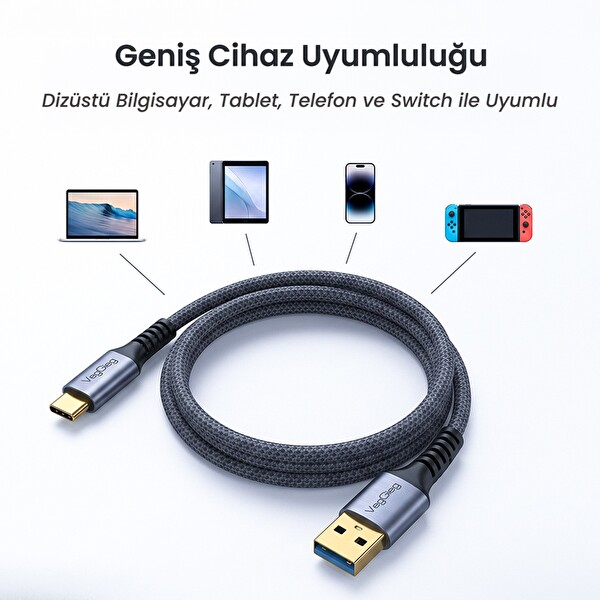 VegGieg USB 3.0 to USB-C Örgülü Type-C 5Gbps Data ve Şarj Kablosu - 3 Metre