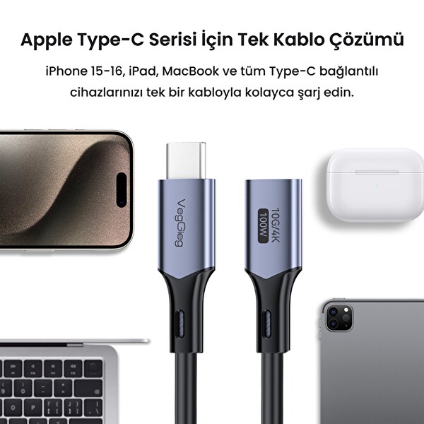 VegGieg USB 3.2 Gen 2 Type-C Uzatma Kablosu USB-C 100W 10Gbps 4K 60Hz 3 M