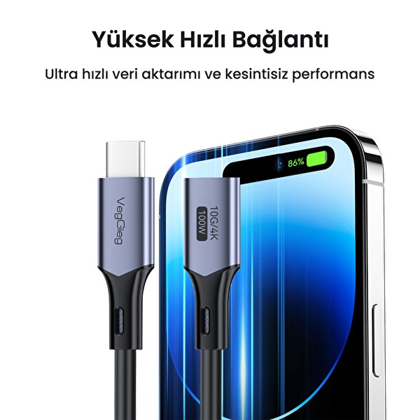 VegGieg USB 3.2 Gen 2 Type-C Uzatma Kablosu USB-C 100W 10 Gbps 4K 60Hz 2 M